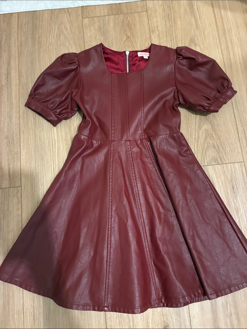 Kids Faux Leather Burgundy Puff-Sleeve Dress